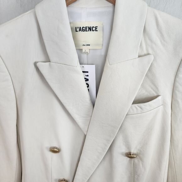 L'Agence Kenzie Lambskin Leather Double Breasted Blazer White Gold 2 NWT - Picture 5 of 16